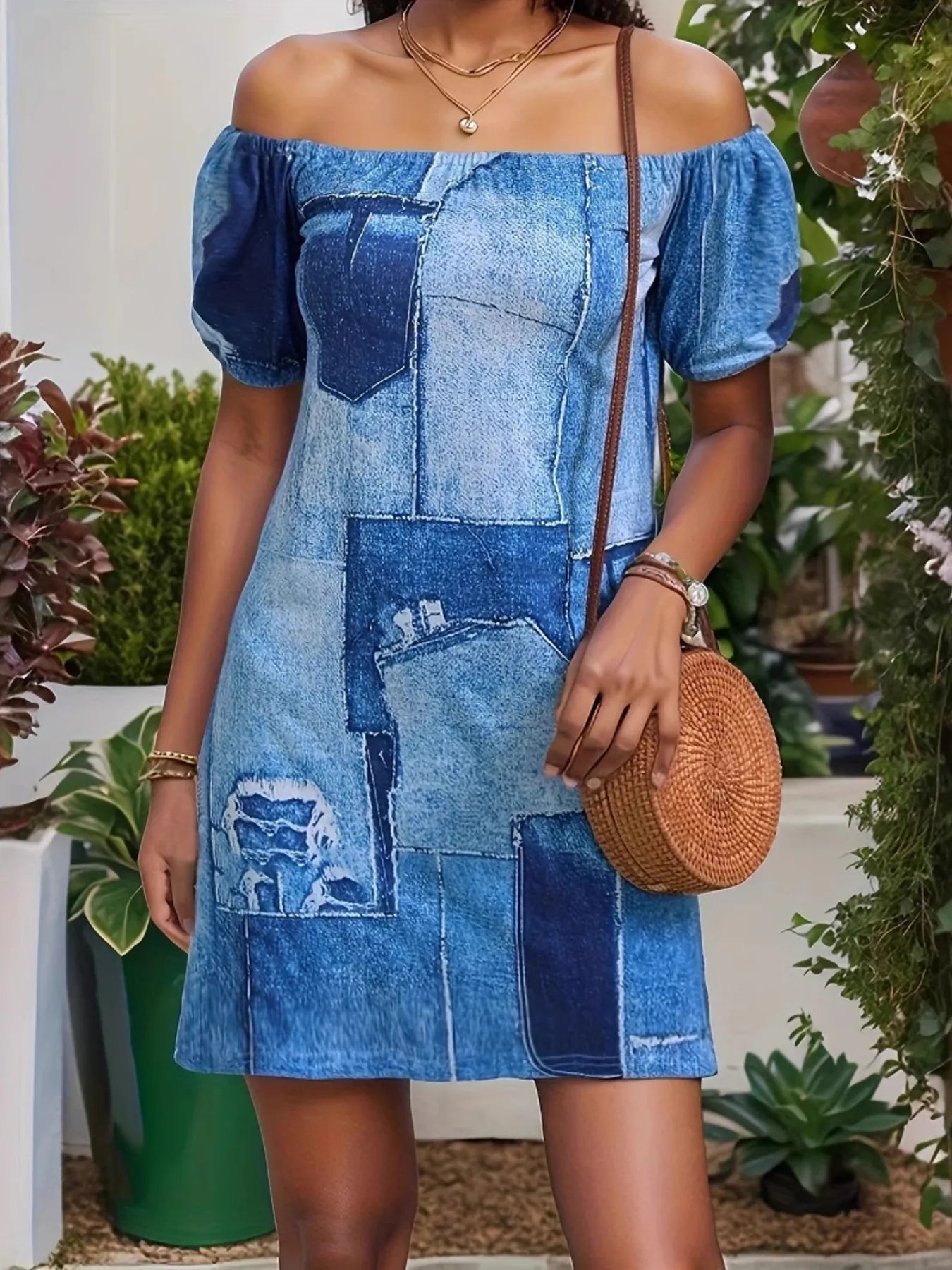 Patchwork Off Shoulder Denim Mini Dress Royal Blue / L