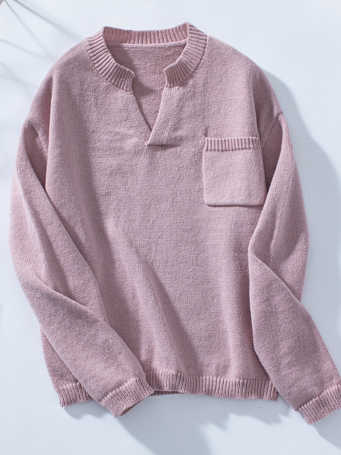 Pocketed Notched Long Sleeve Knit Top - Charming Charlie