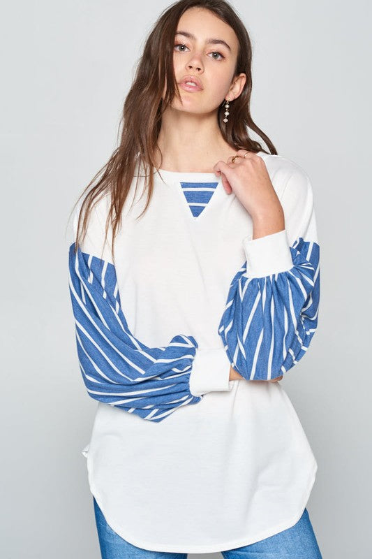 Super Lady Full Size French Terry Striped Long Sleeve Top - Charming Charlie