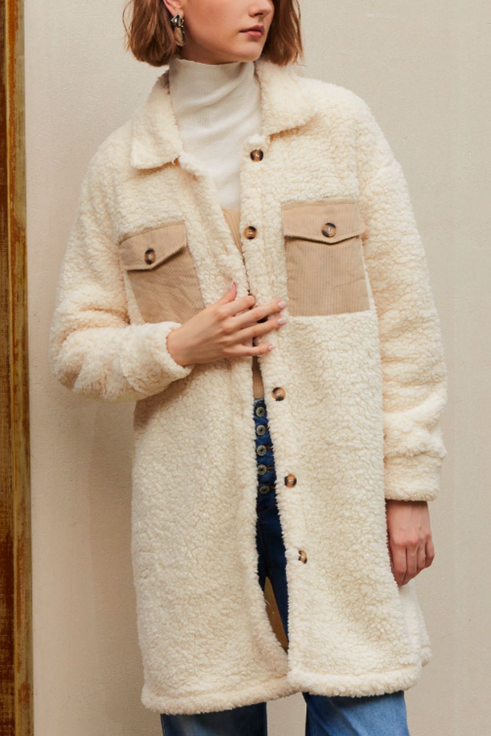 Collared Neck Long Sleeve Longline Teddy Jacket - Charming Charlie