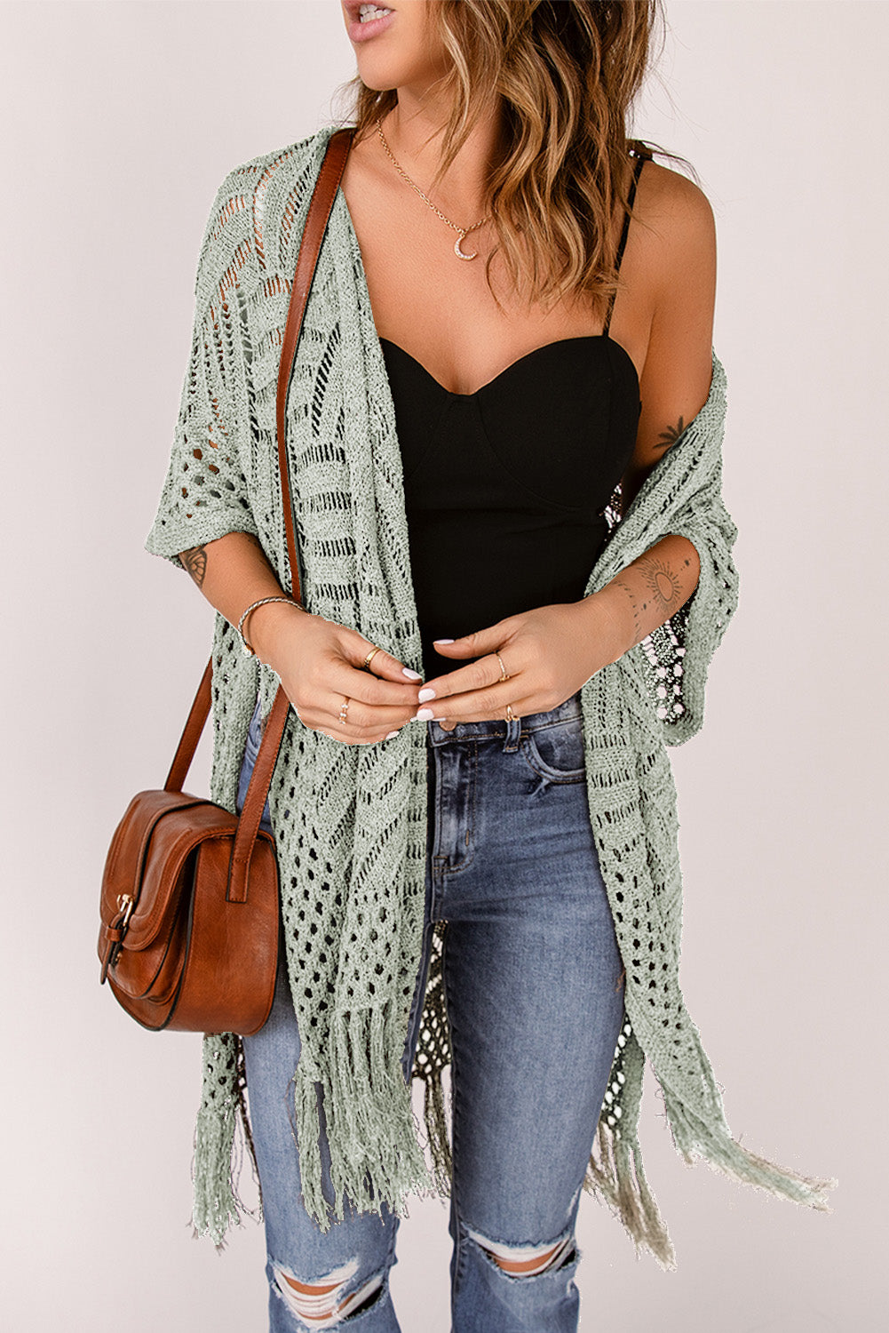 Openwork Open Front Cardigan with Fringes - Charming Charlie
