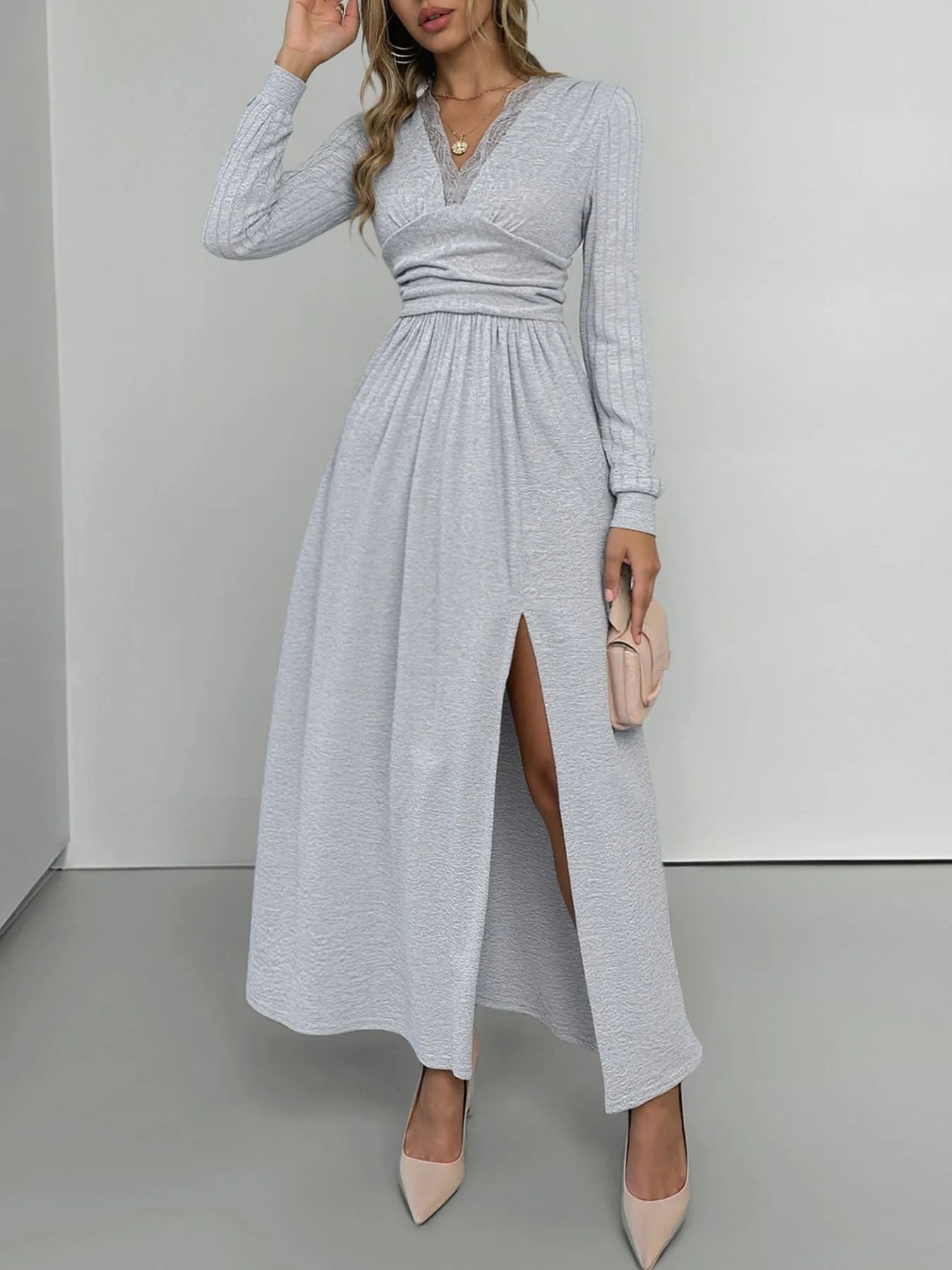 Lace Detail V-Neck Maxi Dress with Side Slit – Charming Charlie