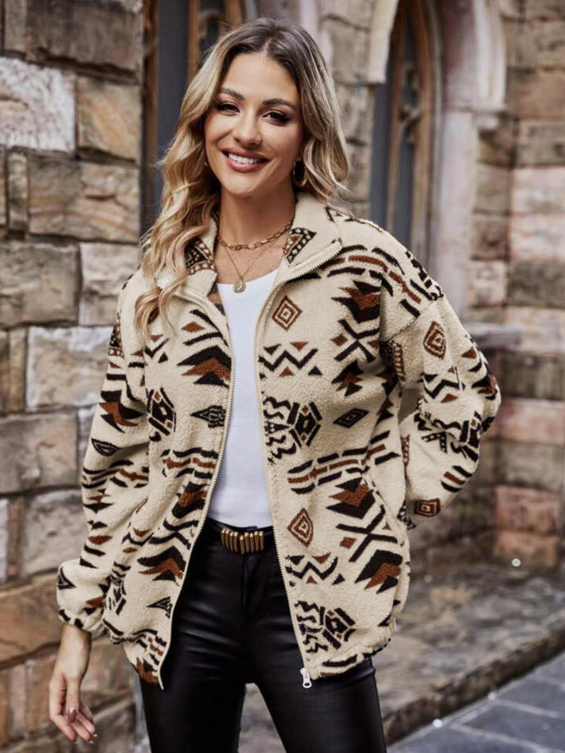 Geometric Zip Up Long Sleeve Outerwear - Charming Charlie
