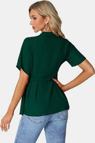 Tied Round Neck Short Sleeve Blouse - Charming Charlie