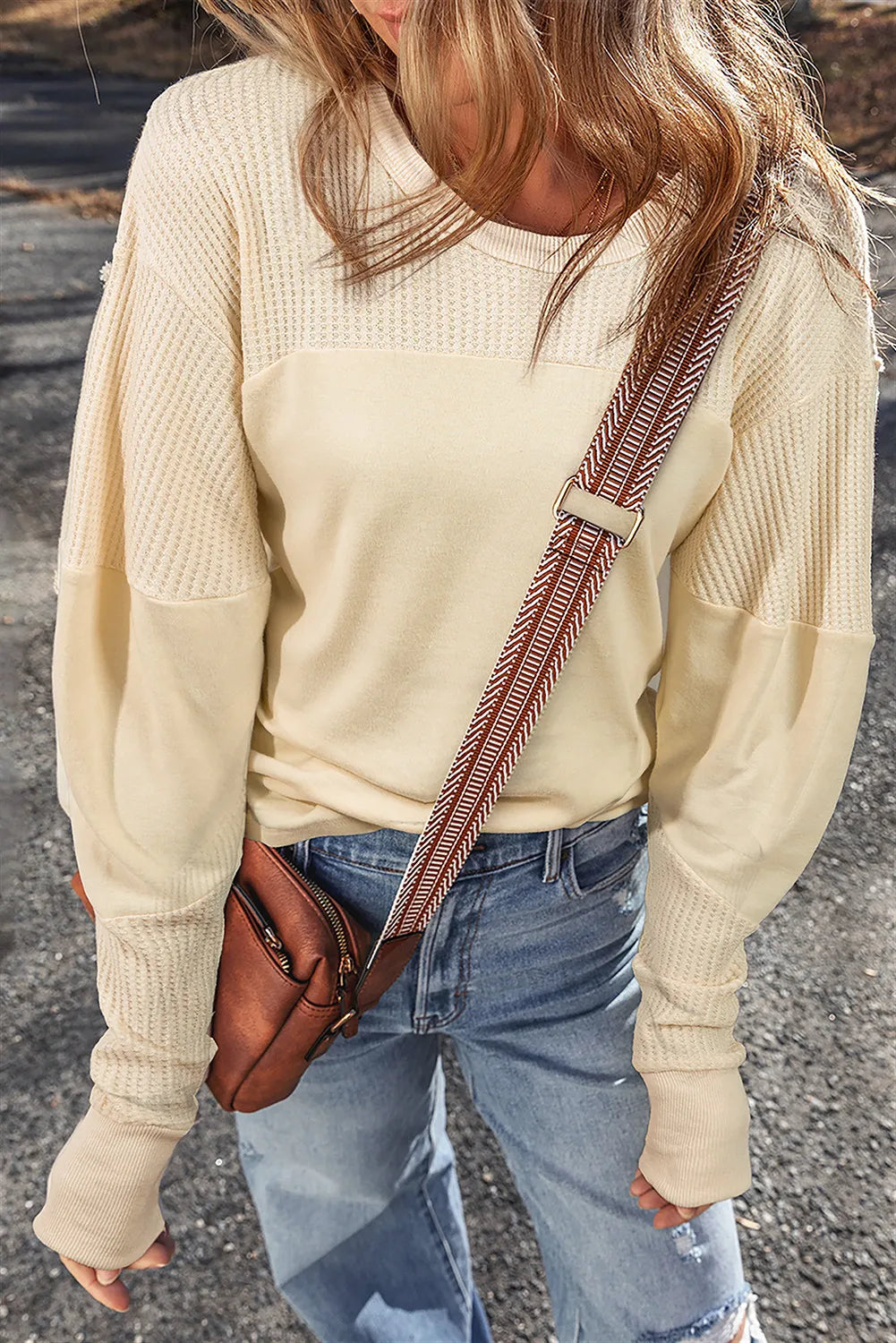 Waffle-Knit Round Neck Long Sleeve Top - Charming Charlie