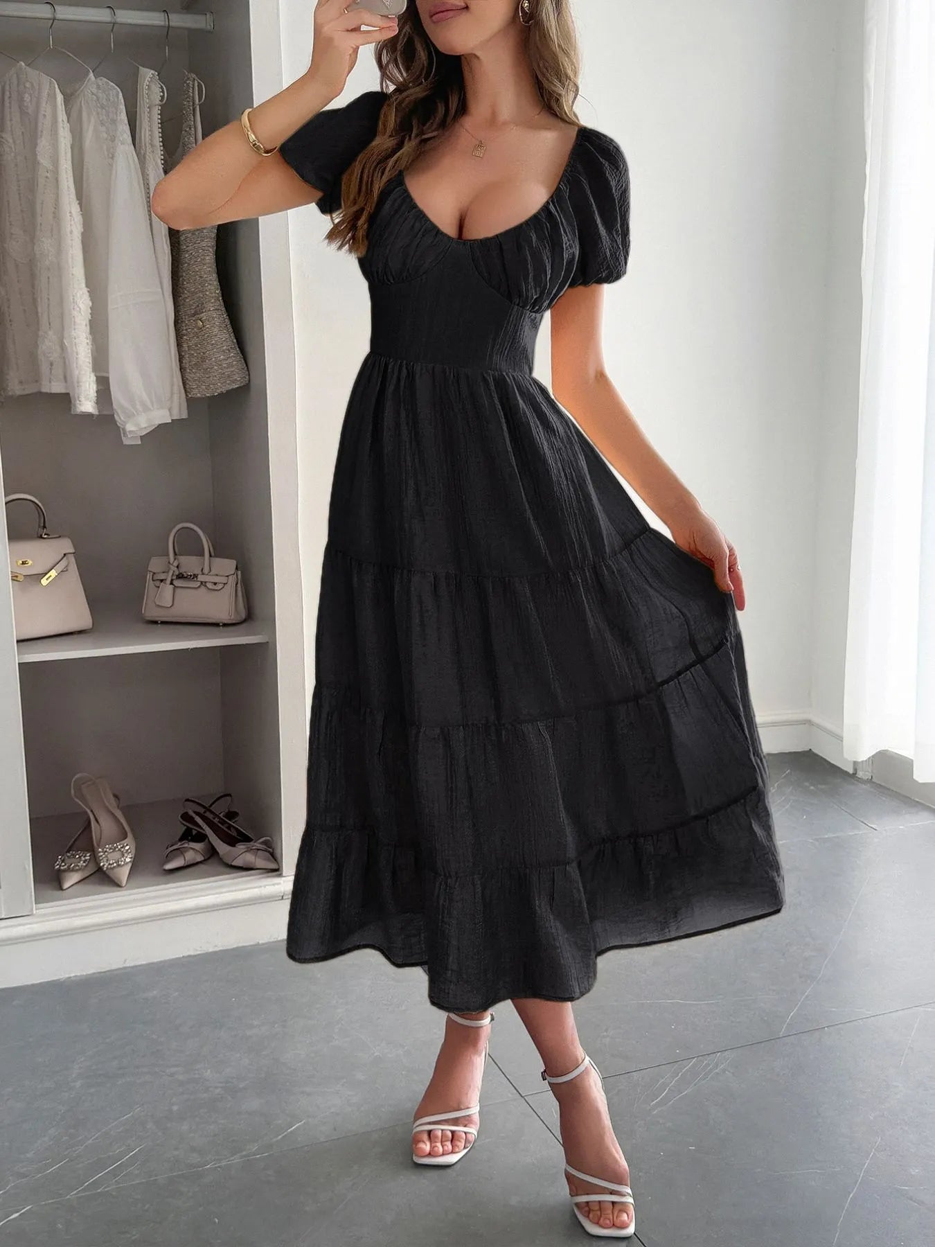 knee length dresses for ladies Sugarlips Puff Sleeve Tropical Tiered Midi Dress