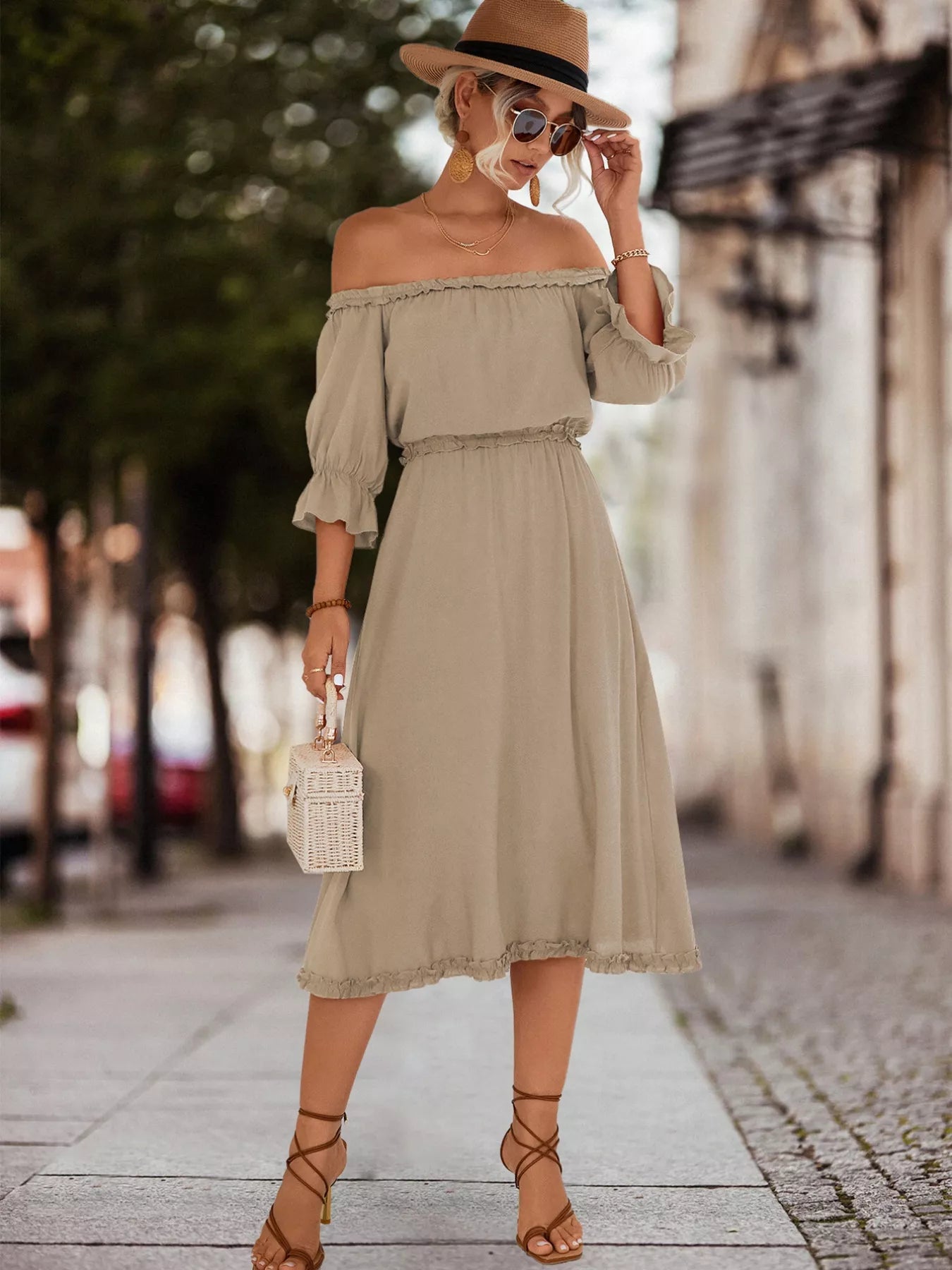 off the shoulder flounce dress Off-Shoulder Flounce Sleeve Midi Dress Khaki / M
