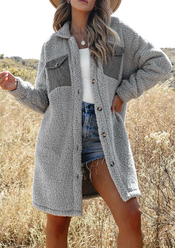 Collared Neck Long Sleeve Longline Teddy Jacket - Charming Charlie