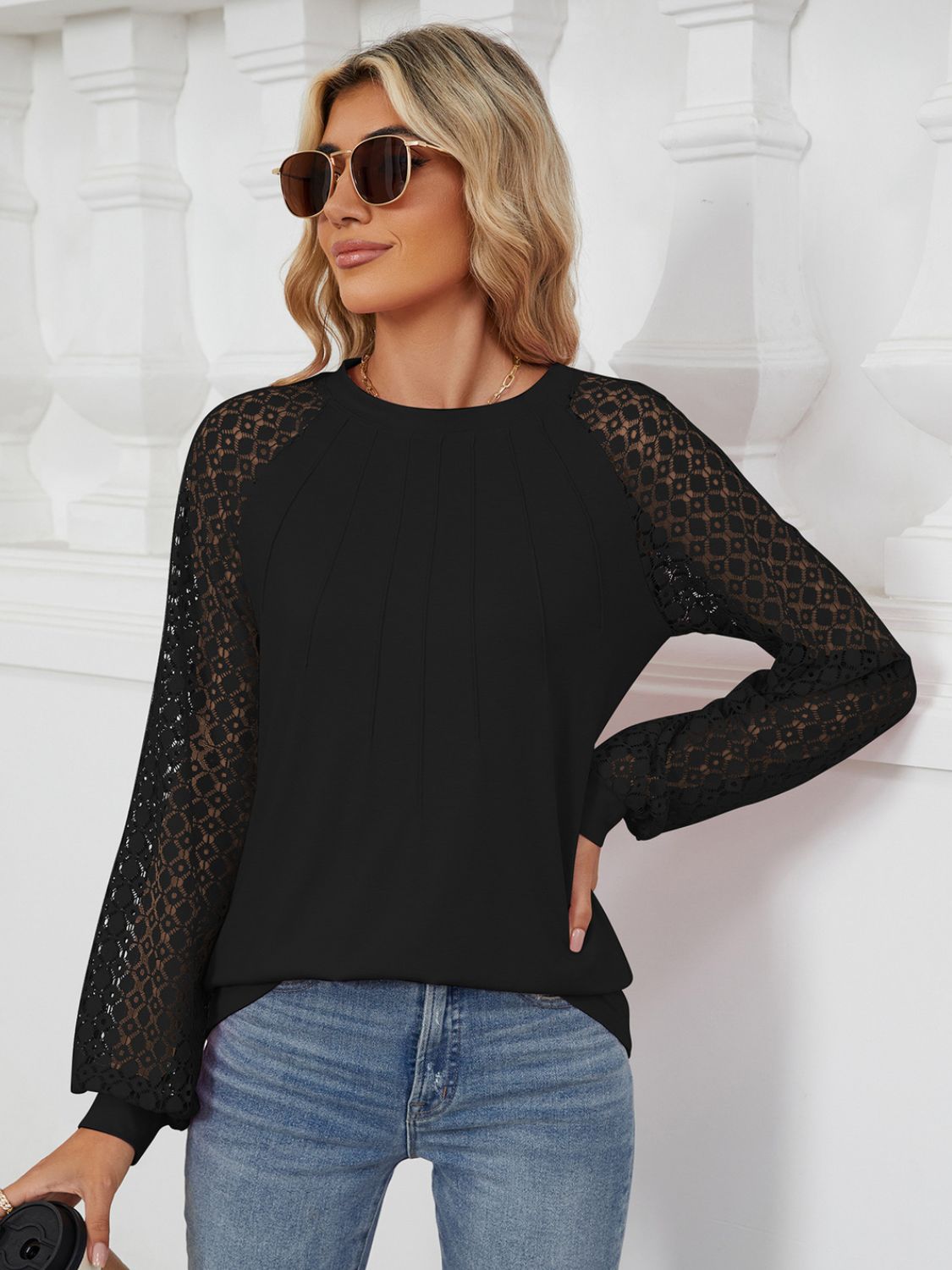 Round Neck Lace Long Sleeve Top - Charming Charlie