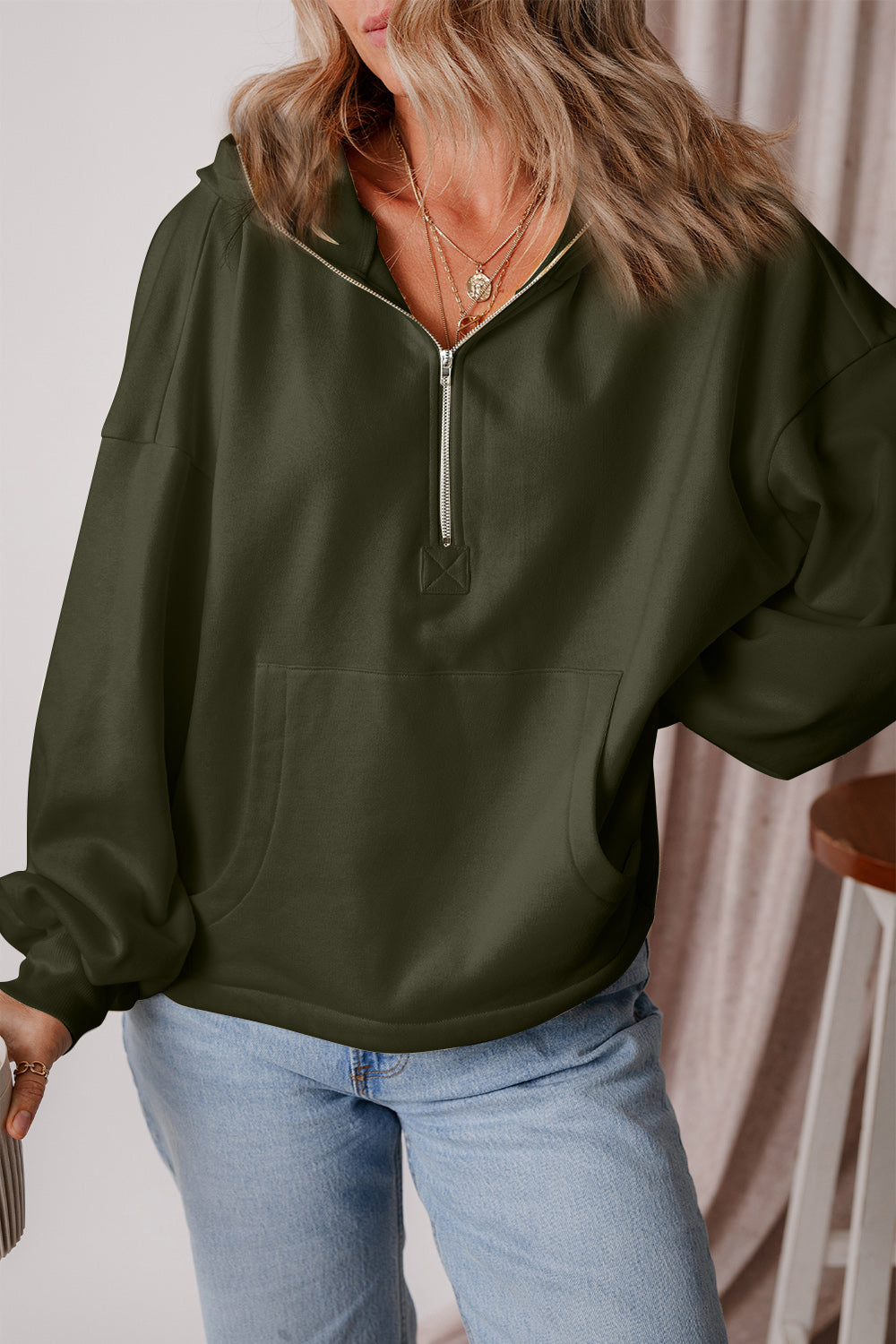 Pocketed Half Zip Dropped Shoulder Hoodie - Charming Charlie