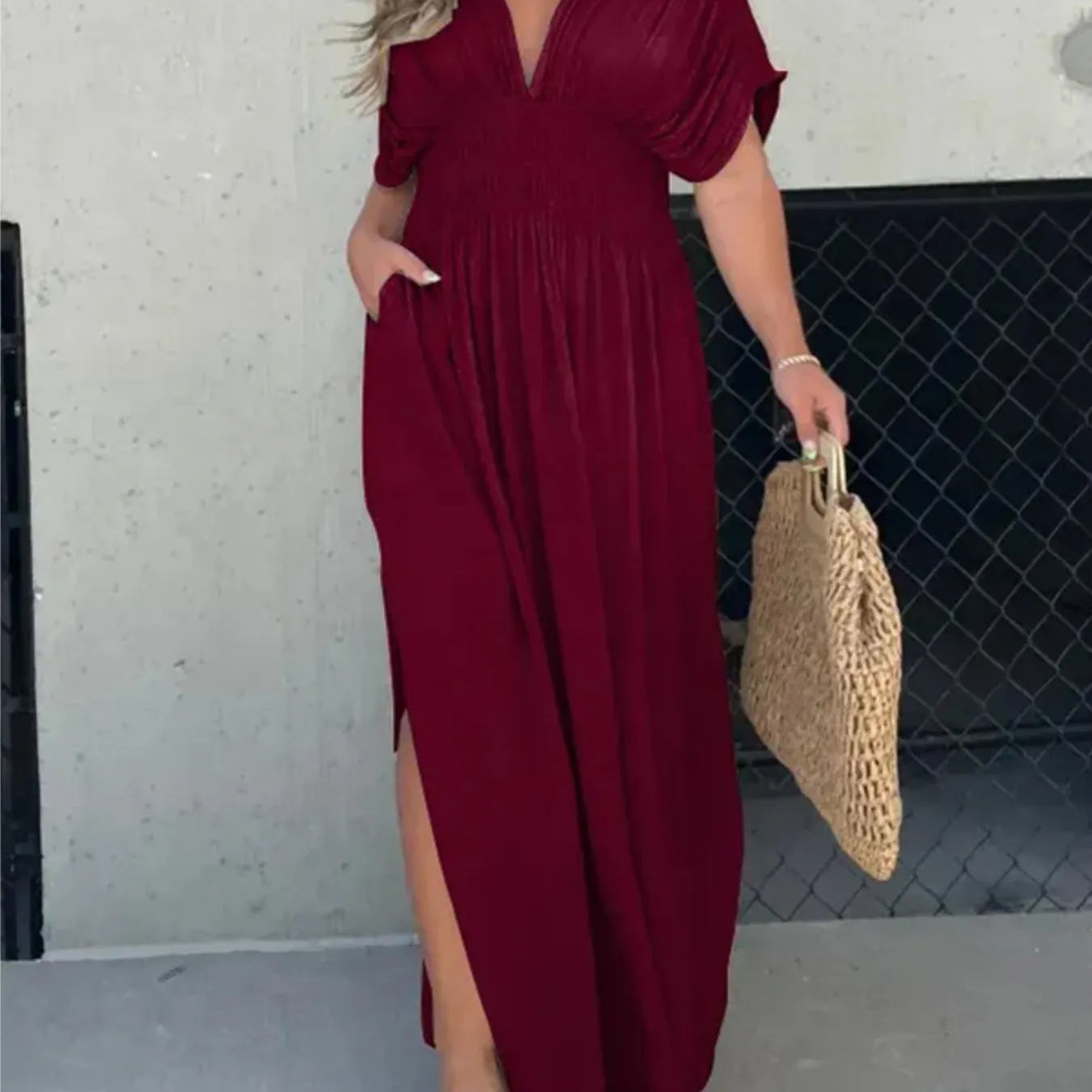 Full Size Deep V-Neck Maxi Dress with Side Slit Plus Size – Charming