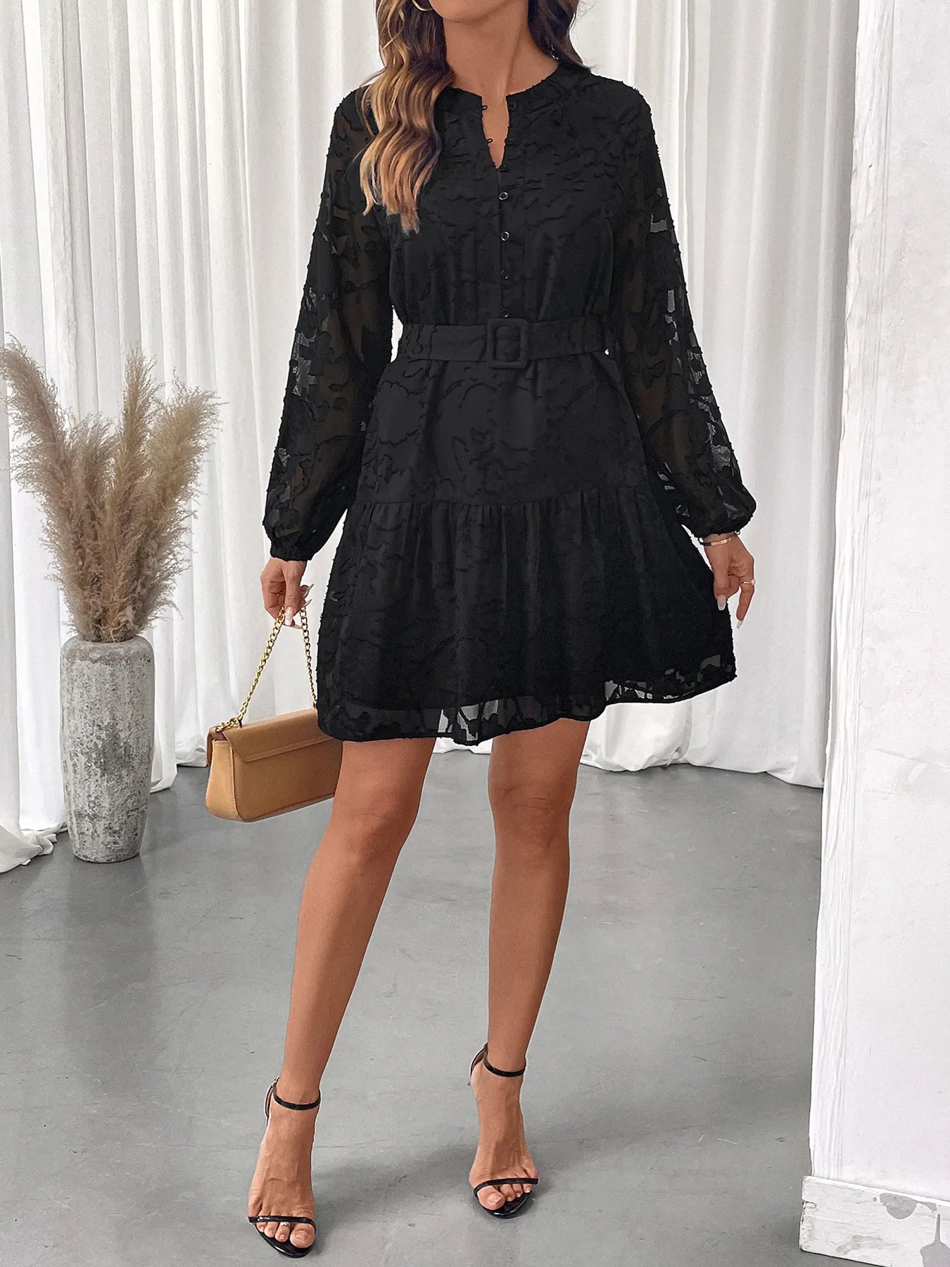 princess polly baby blue dress Amelie Balloon Sleeve Mini Dress Black main image 0