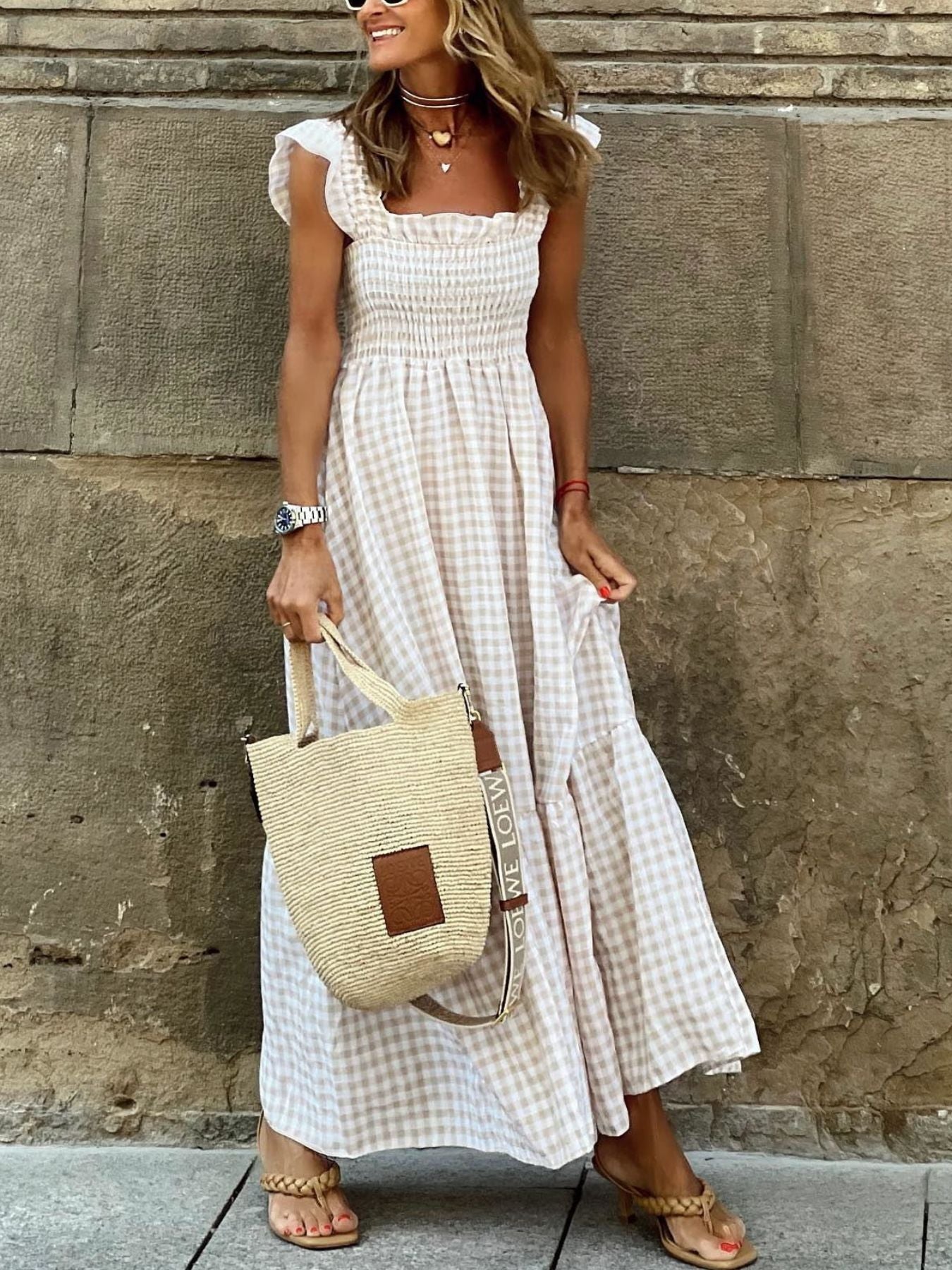 Plaid Ruffle Sleeve Maxi Dress Beige / XL