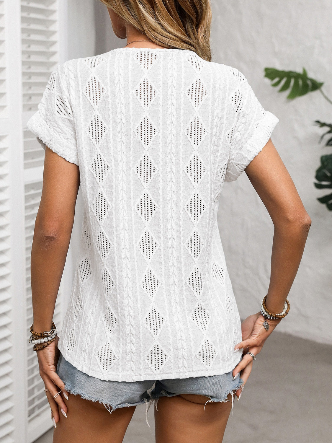 Openwork V-Neck Short Sleeve T-Shirt - Charming Charlie