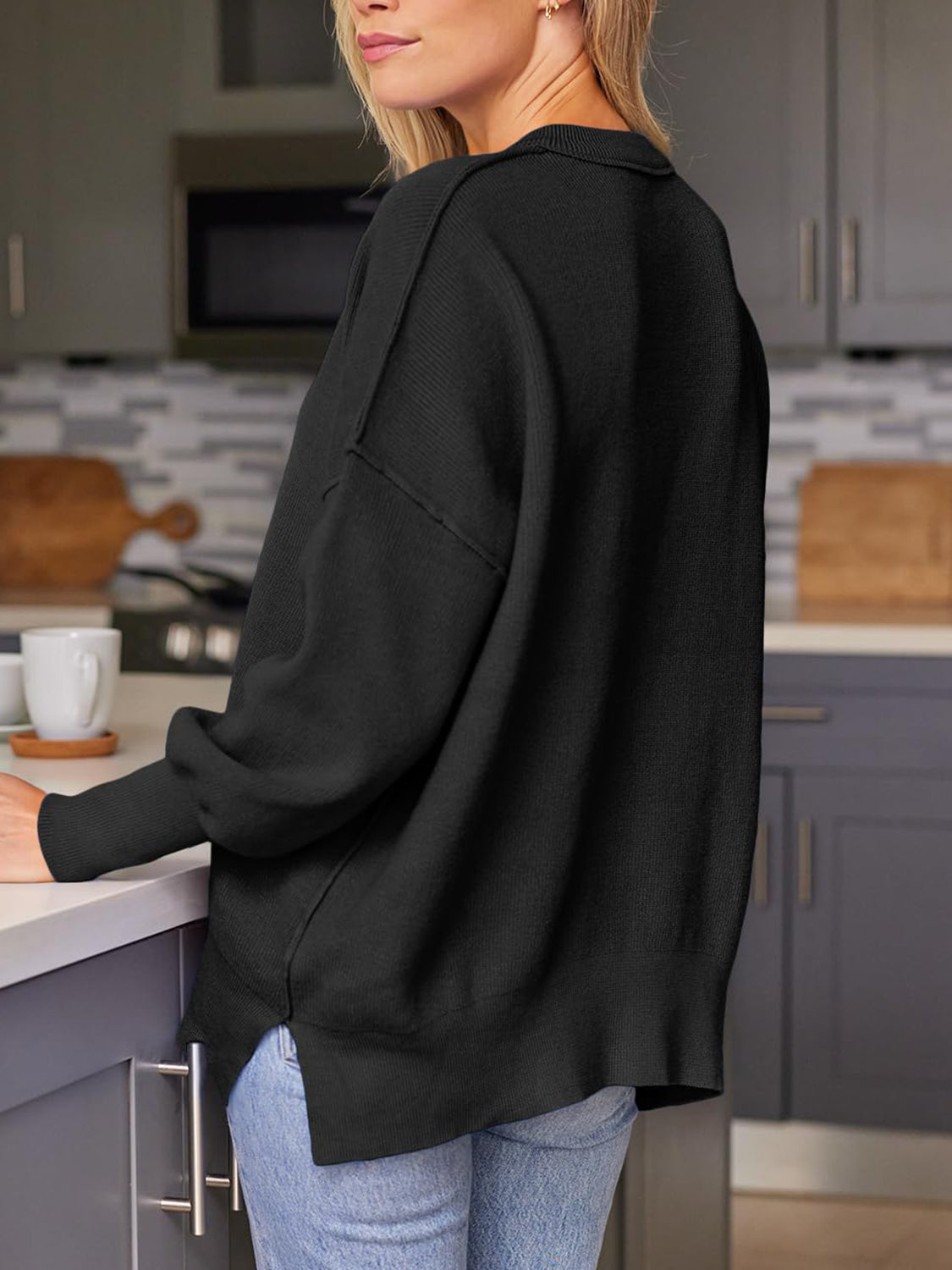 Slit Round Neck Dropped Shoulder Sweater - Charming Charlie