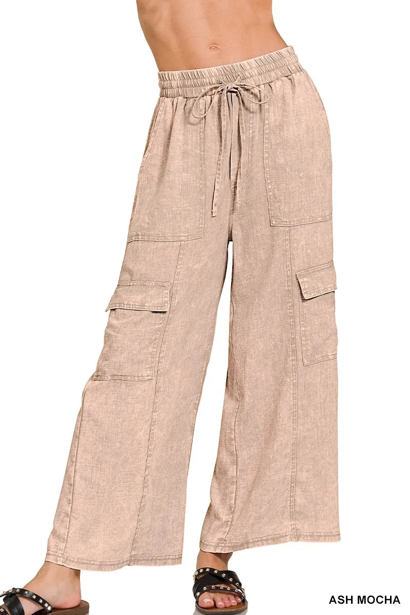 Zenana Washed Linen Elastic Band Waist Cargo Pants – Charming Charlie