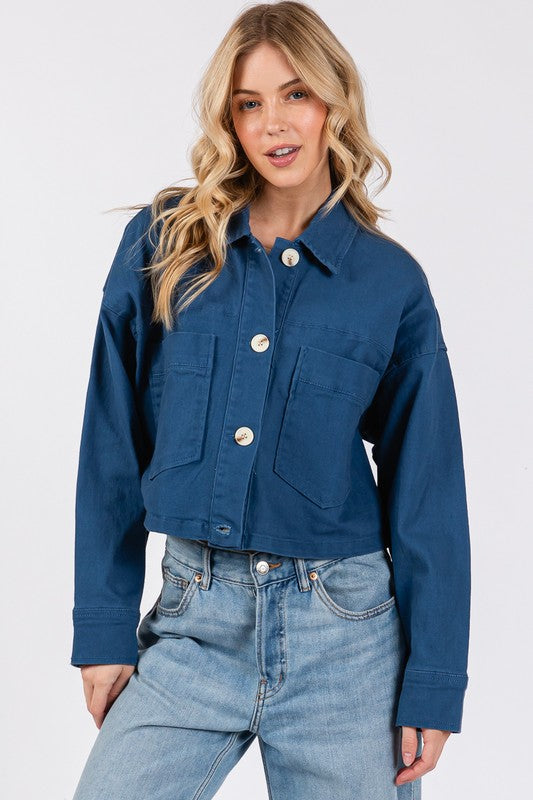 bytos Button Down Cropped Denim Jacket with Patch Pockets - Charming Charlie