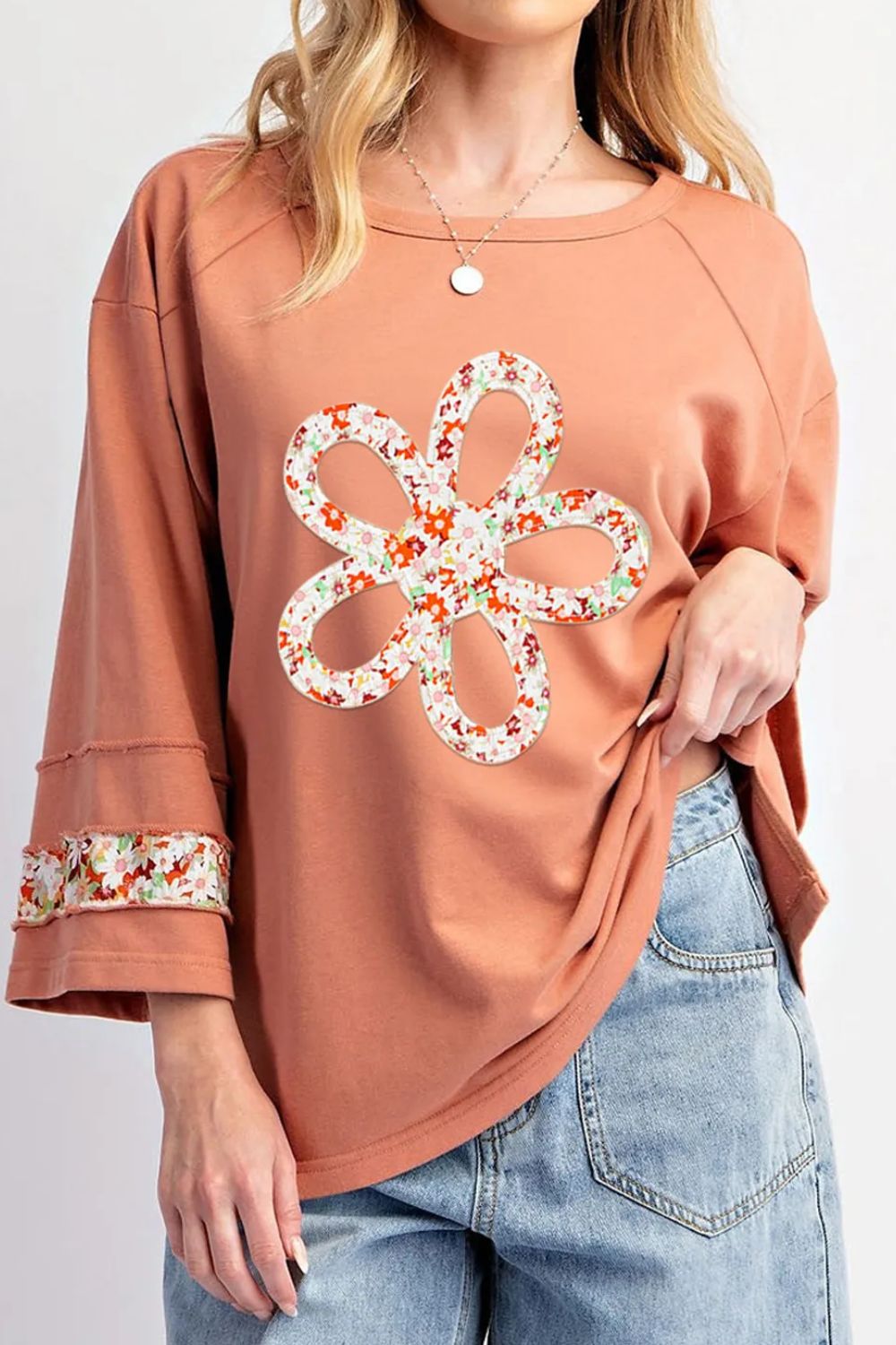 Exposed Seam Slit Floral Round Neck Blouse - Charming Charlie