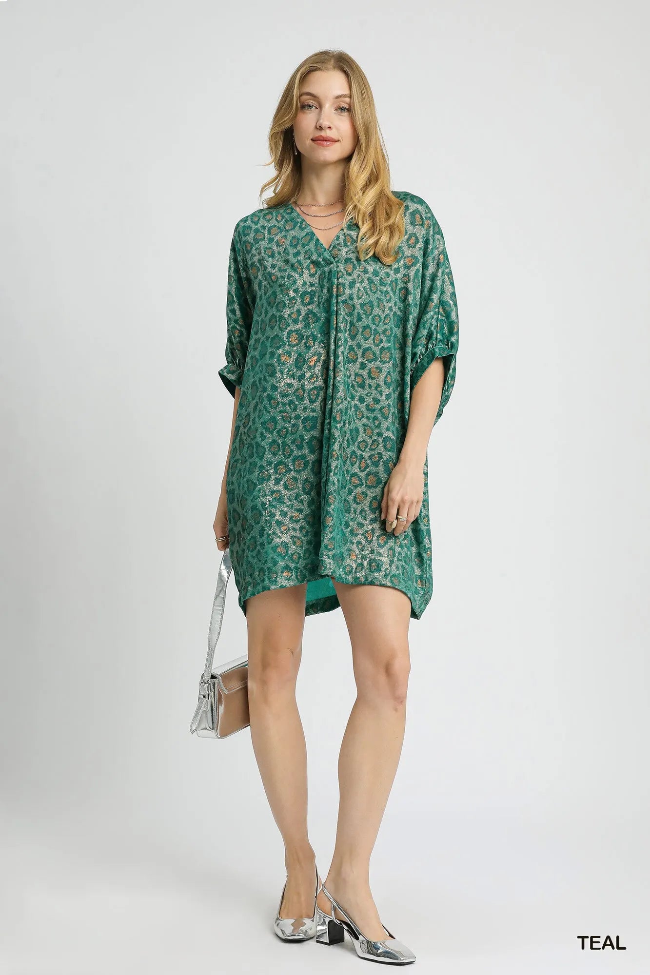 Umgee Metallic Leopard Print V-Neck Kimono Dress TEAL / M