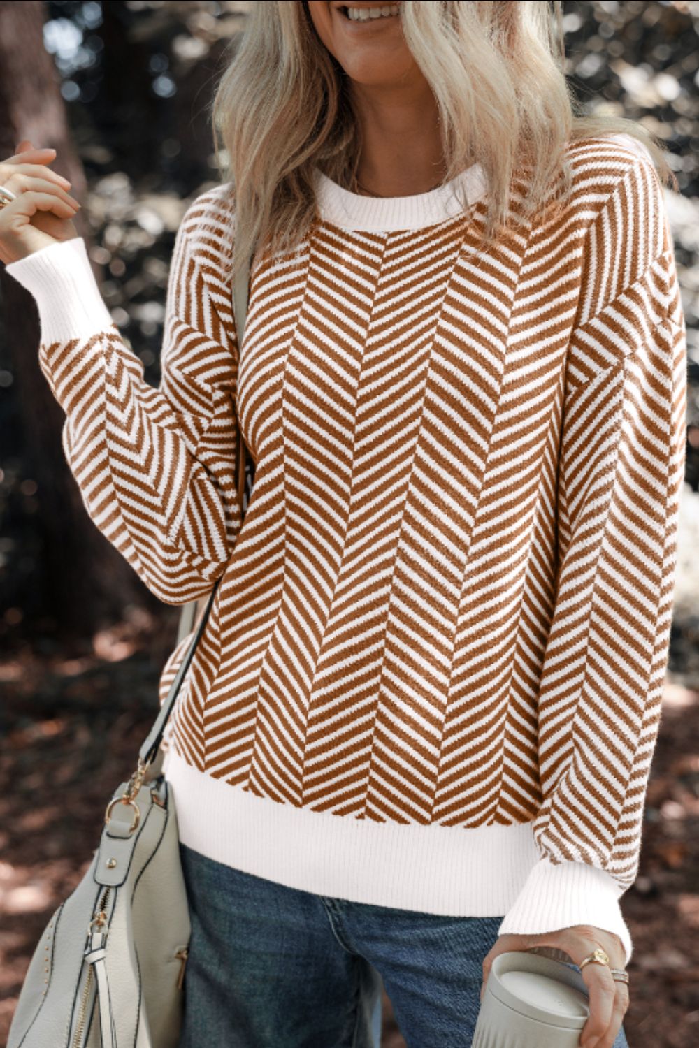 Striped Round Neck Long Sleeve Sweater - Charming Charlie