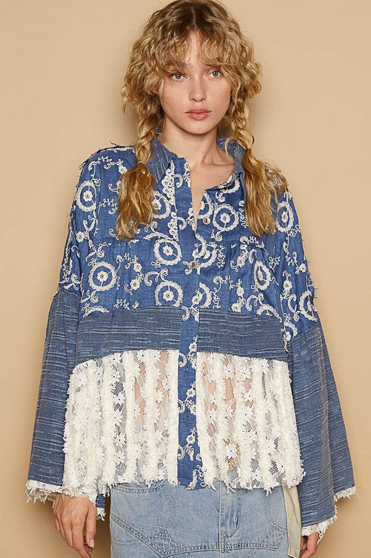 POL Lace Hem Embroidered Long Sleeve Shirt - Charming Charlie