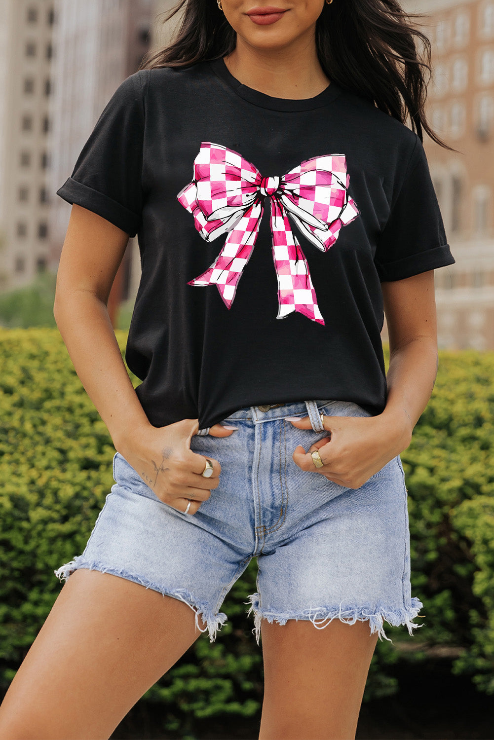 Bow Graphic Round Neck Short Sleeve T-Shirt - Charming Charlie
