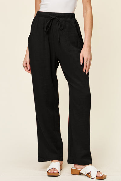 Double Take Full Size Texture Drawstring Straight Pants – Charming