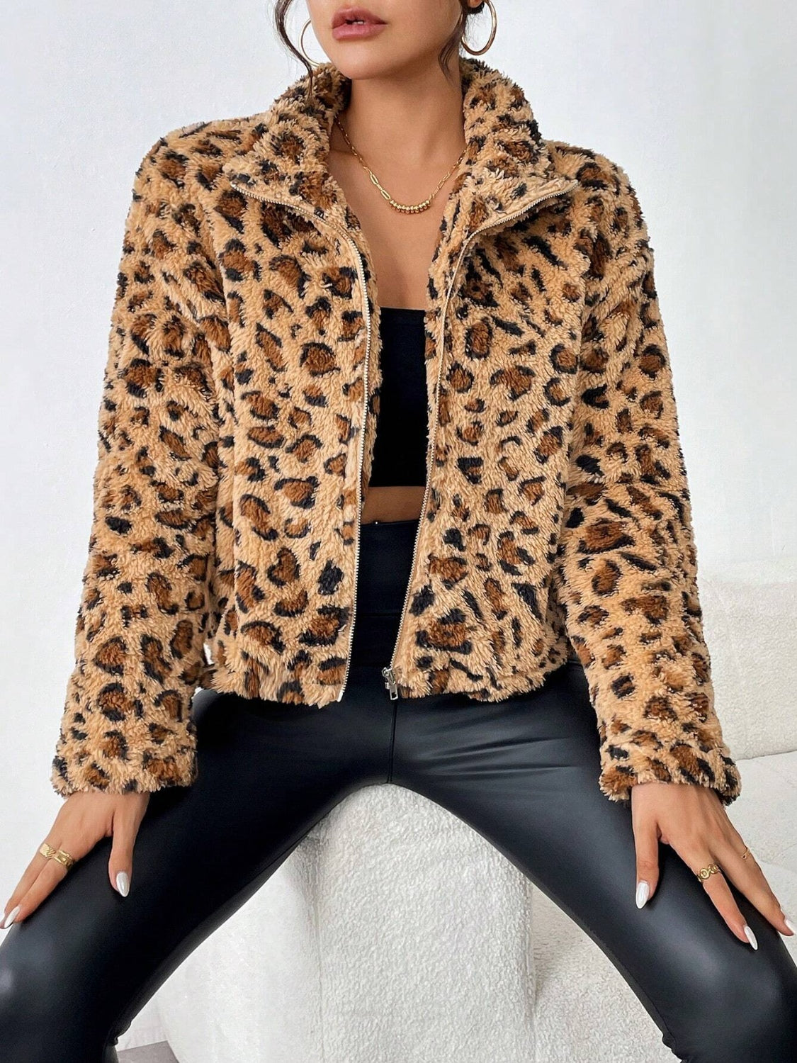 Fuzzy Turtleneck Leopard Zip Up Jacket - Charming Charlie