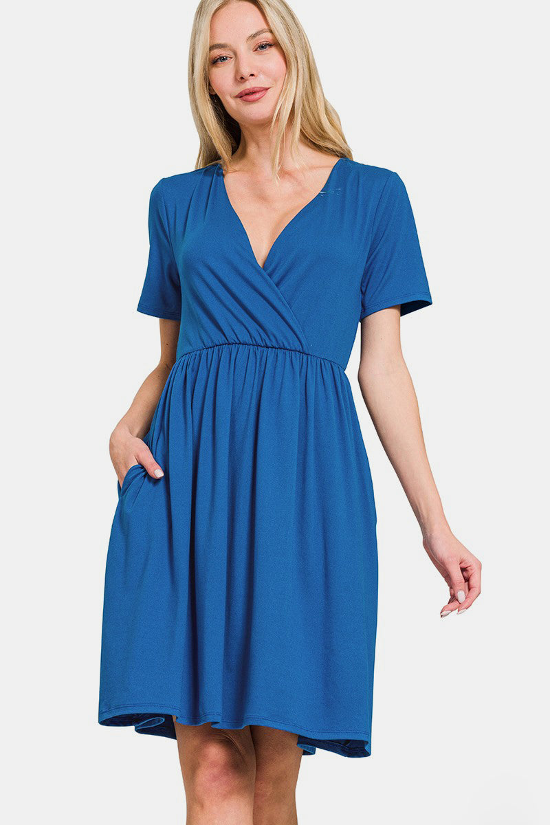 Zenana Surplice Short Sleeve Brushed DTY Dress - Charming Charlie