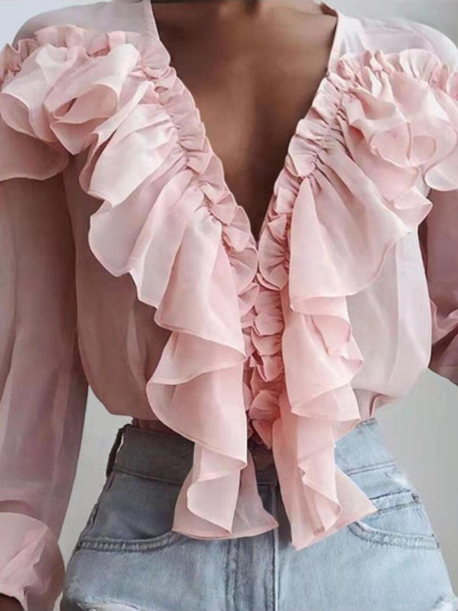 Susan | Blouse with Ruffles, V-Neck and Long Sleeves