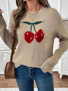 Perfee Cherry Round Neck Long Sleeve Sweater - Charming Charlie