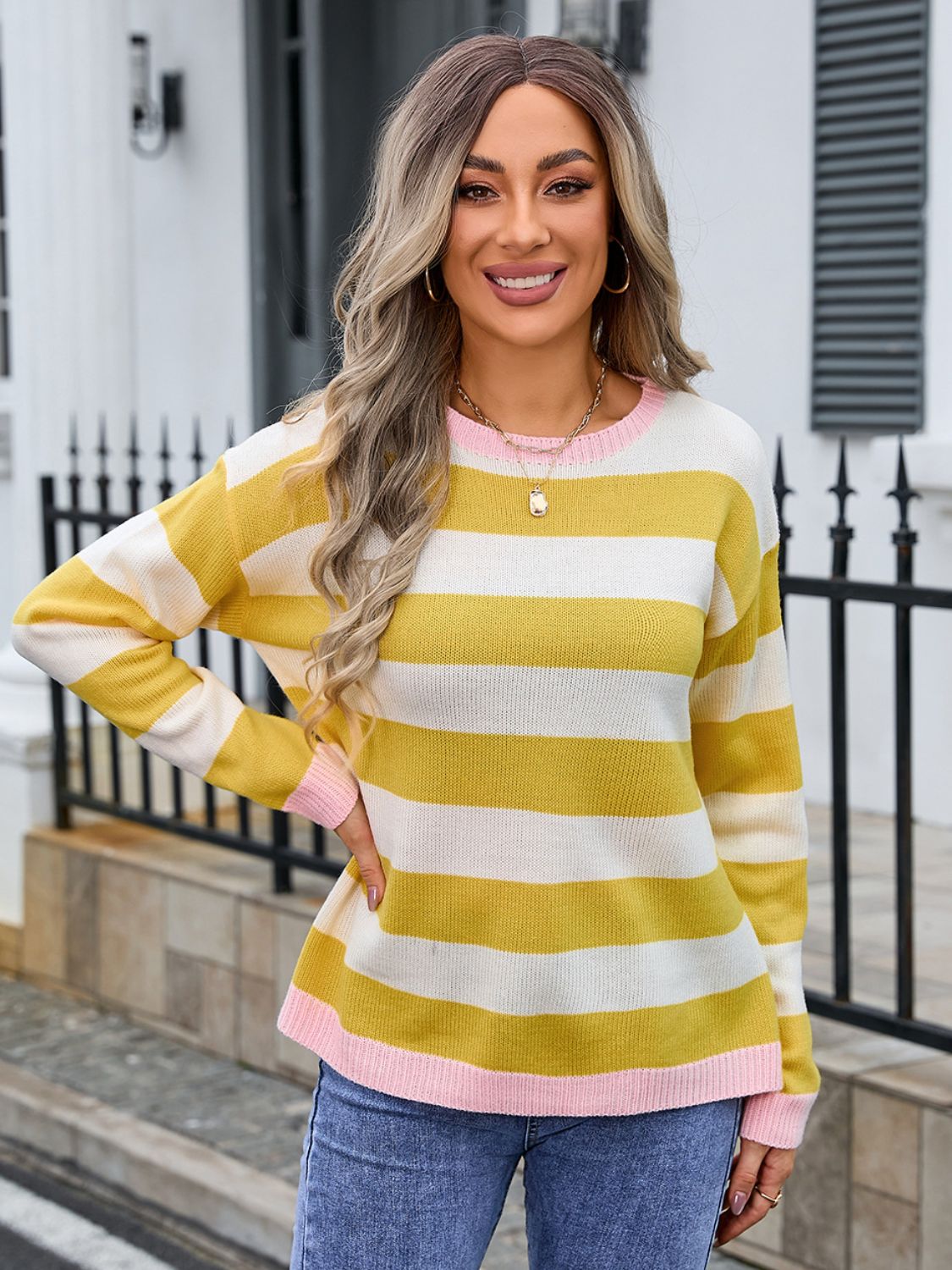 Striped Round Neck Dropped Shoulder Sweater - Charming Charlie