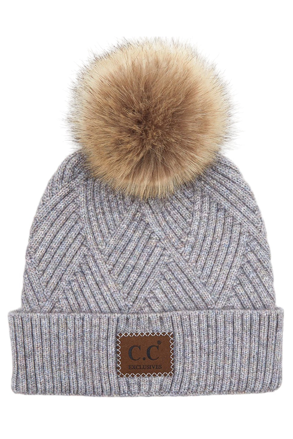 C.C Heather Beanie Hat With Pom Pom And Suede Patch - Charming Charlie