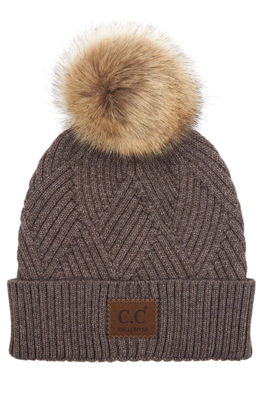 C.C Heather Beanie Hat With Pom Pom And Suede Patch - Charming Charlie