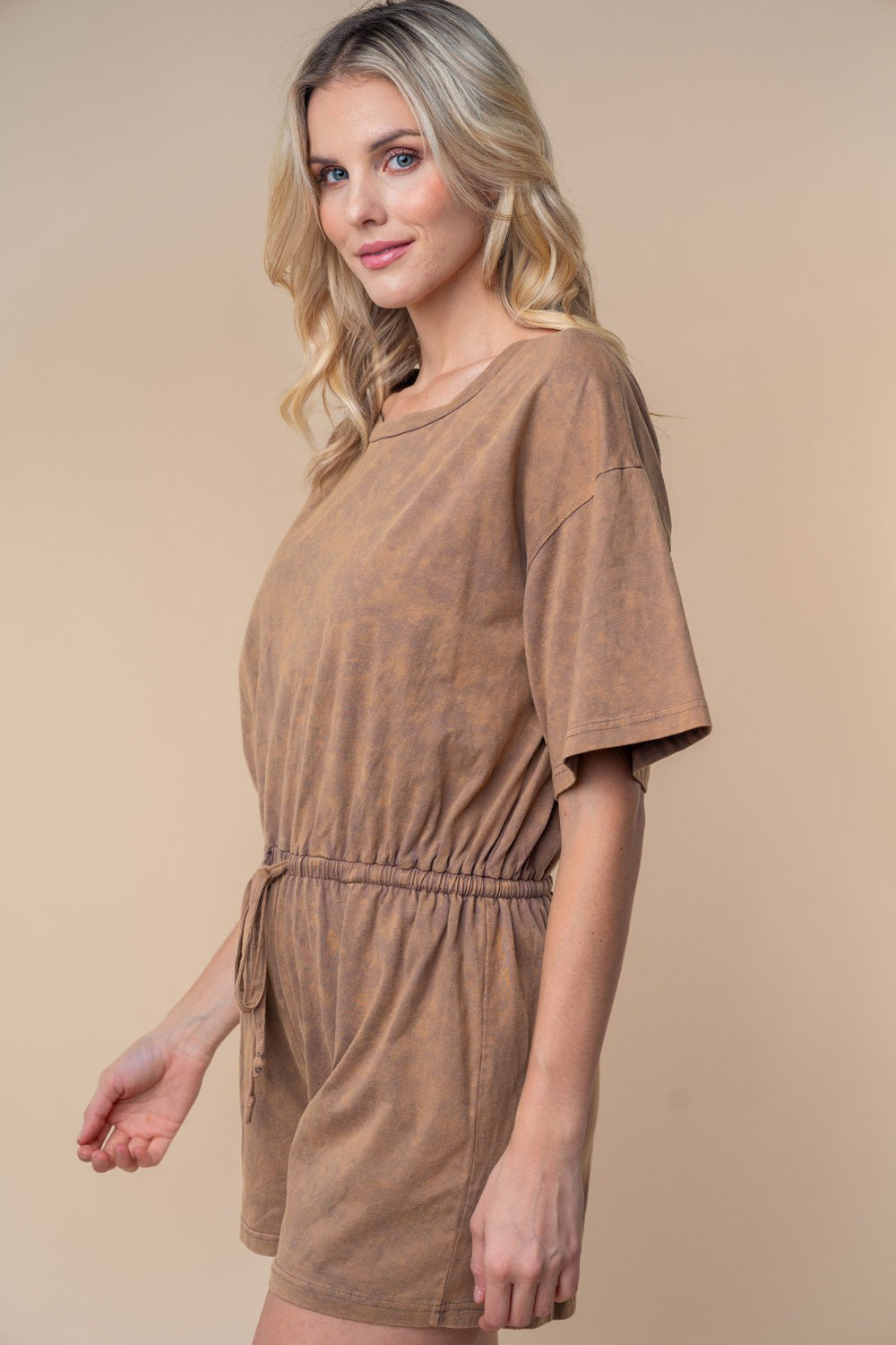 White Birch Full Size Short Sleeve Drawstring Romper - Charming Charlie