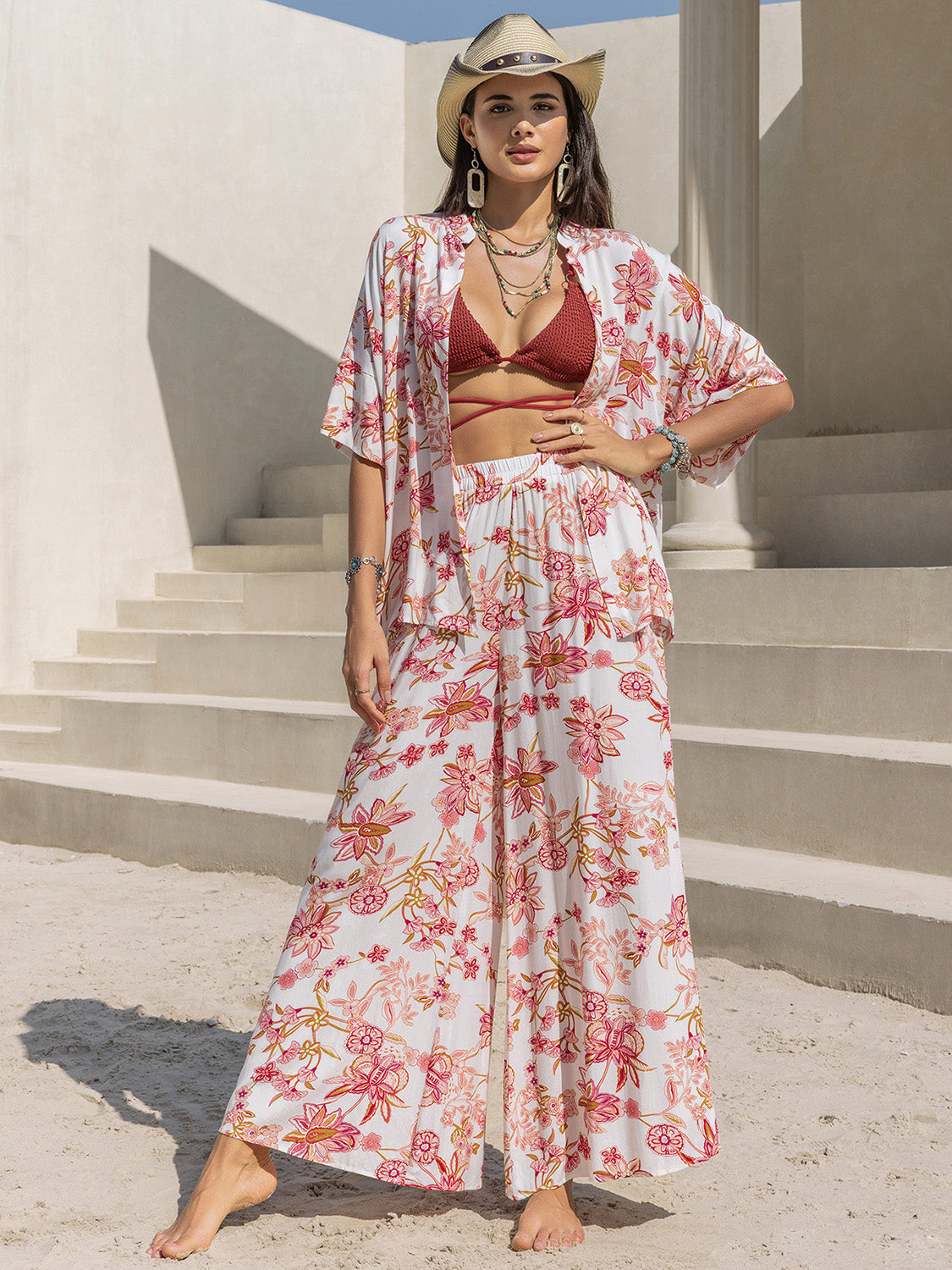 Printed Open Front Half Sleeve Top and Pants Set - Charming Charlie