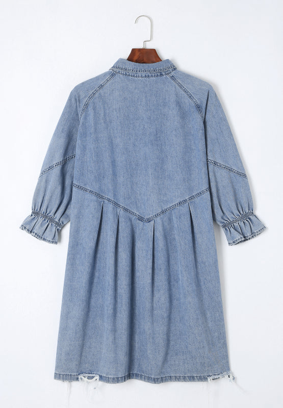 Distressed Collared Neck Flounce Sleeve Denim Dress Charming Charlie Distressed Collared Neck Flounce Sleeve Denim Dress Charming Charlie
