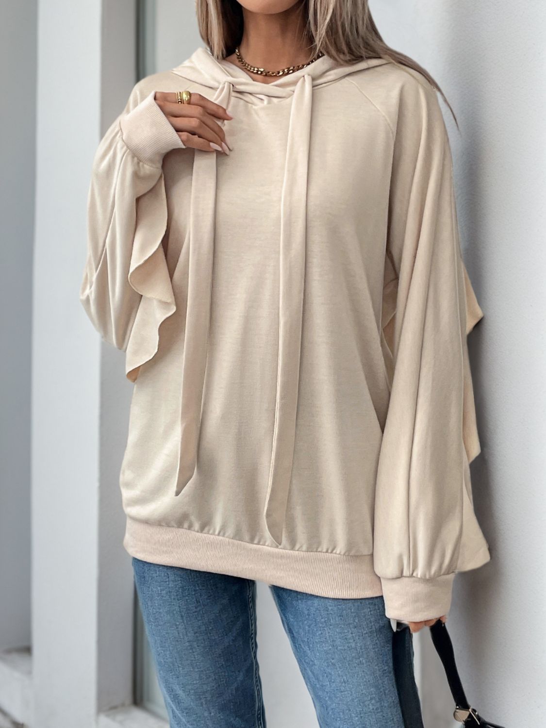 Perfee Drawstring Ruffled Long Sleeve Hoodie – Charming Charlie