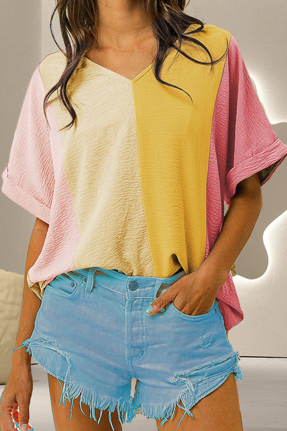 Color Block V-Neck Half Sleeve T-Shirt - Charming Charlie