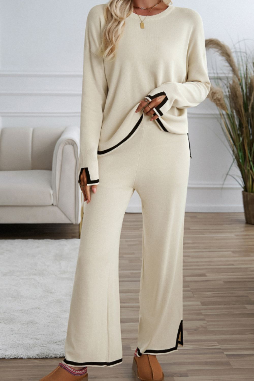 Contrast Trim Round Neck Top and Pants Sweater Set - Charming Charlie