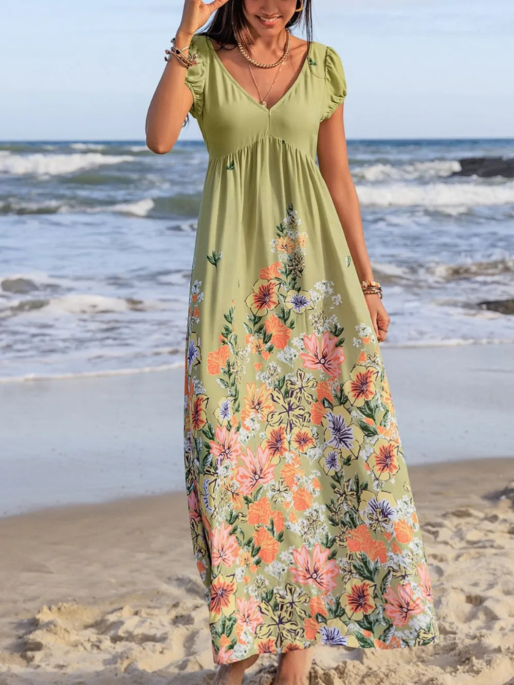 backless beach maxi dress Backless Printed V-Neck Short Sleeve Maxi Dress Sage / S