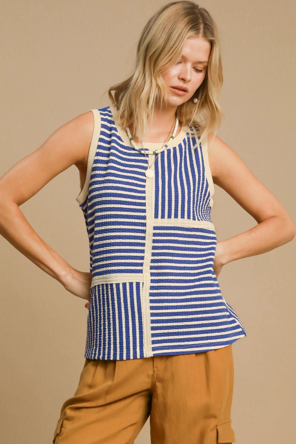 Umgee Round Neck Texture Striped Tank - Charming Charlie