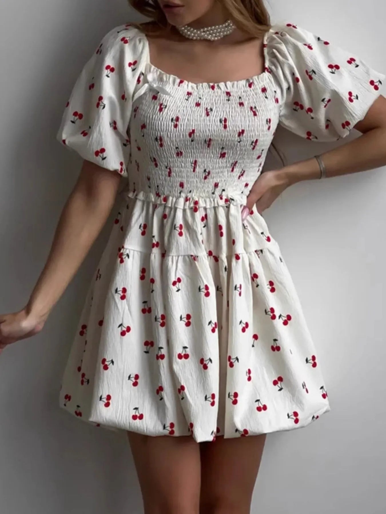 cherry print mini dress Puff Sleeve Cherry Print Smocked Mini Dress White / S