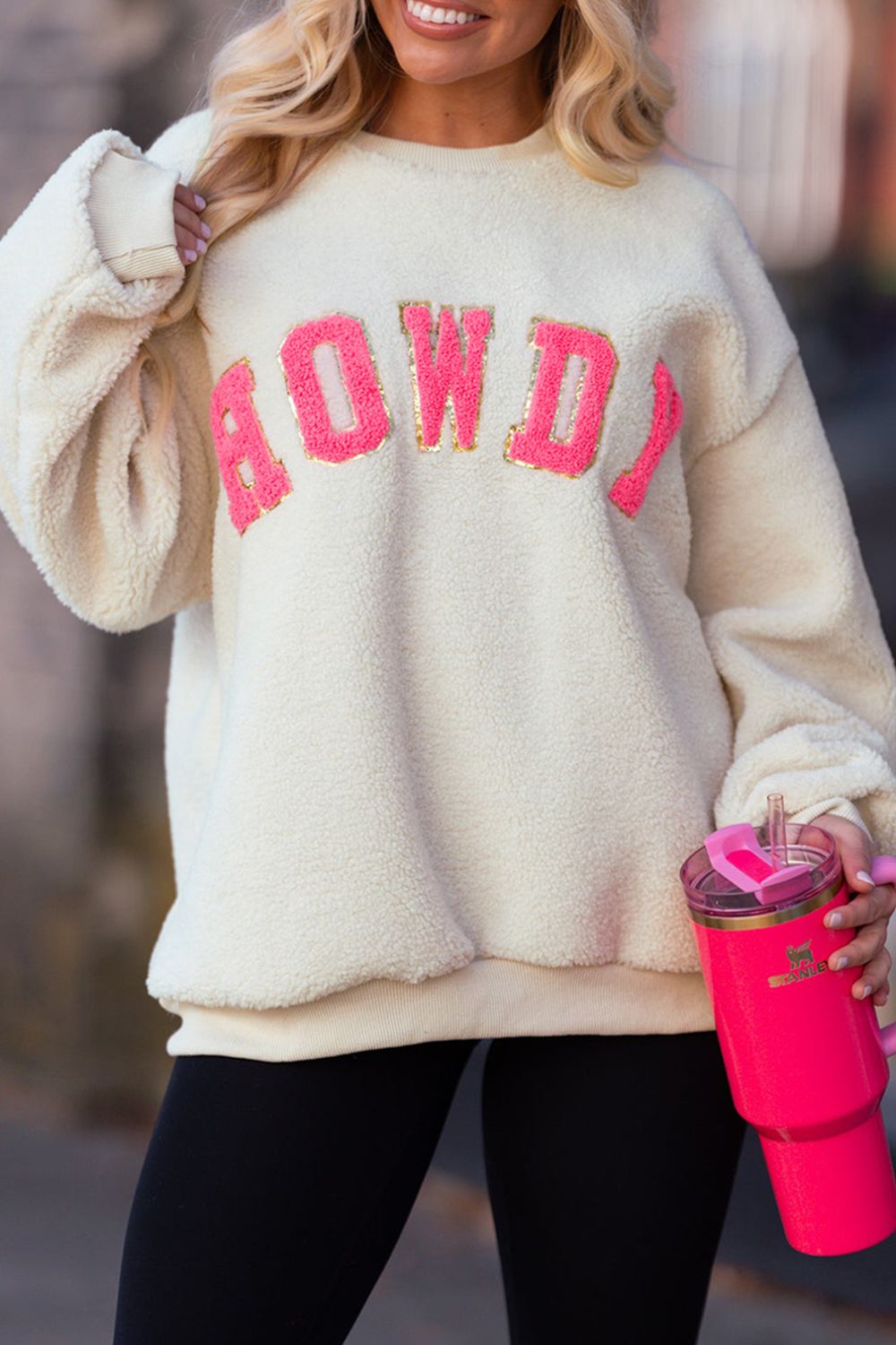 HOWDY Patched Round Neck Sherpa Sweatshirt - Charming Charlie