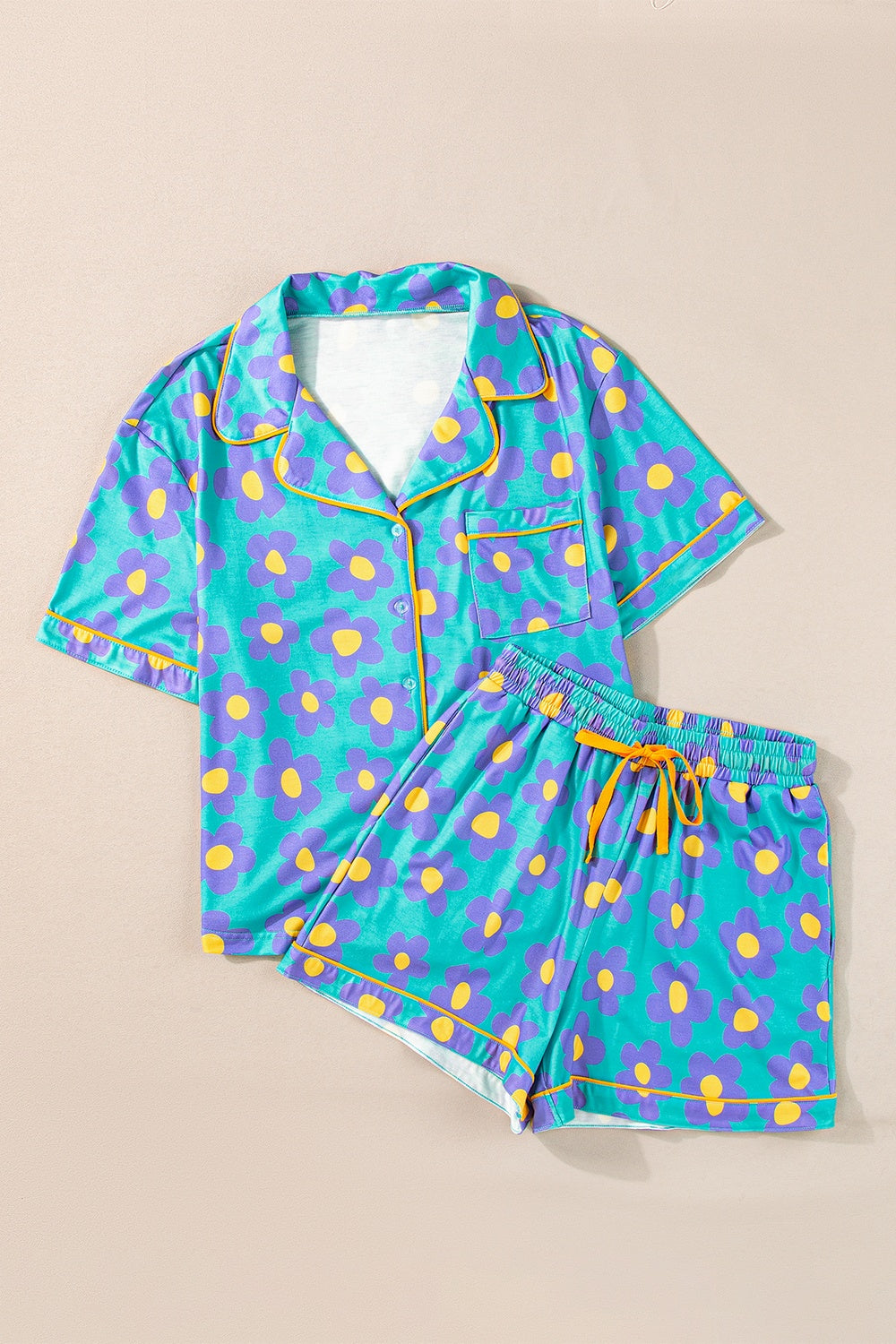 Pocketed Flower Half Sleeve Top and Shorts Lounge Set - Charming Charlie