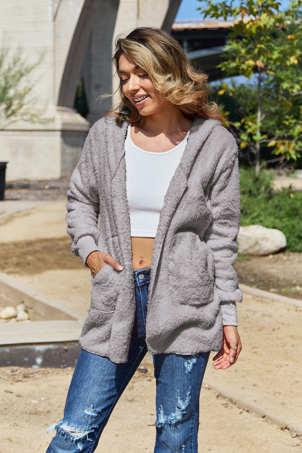 Full Size Teddy Hooded Jacket with Pockets - Charming Charlie