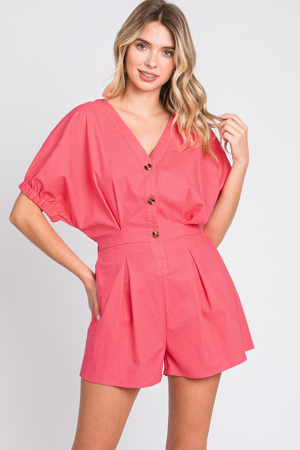 GeeGee Half Button V-Neck Linen Romper - Charming Charlie