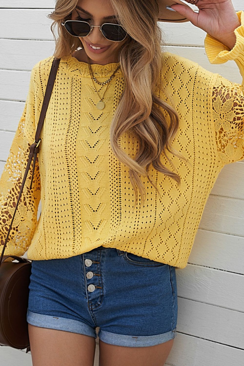 Openwork Round Neck Long Sleeve Sweater - Charming Charlie