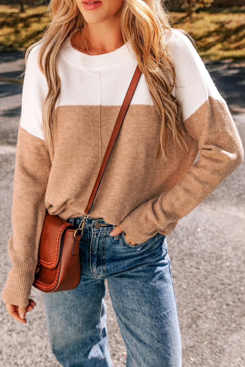 Color Block Round Neck Long Sleeve Sweater - Charming Charlie