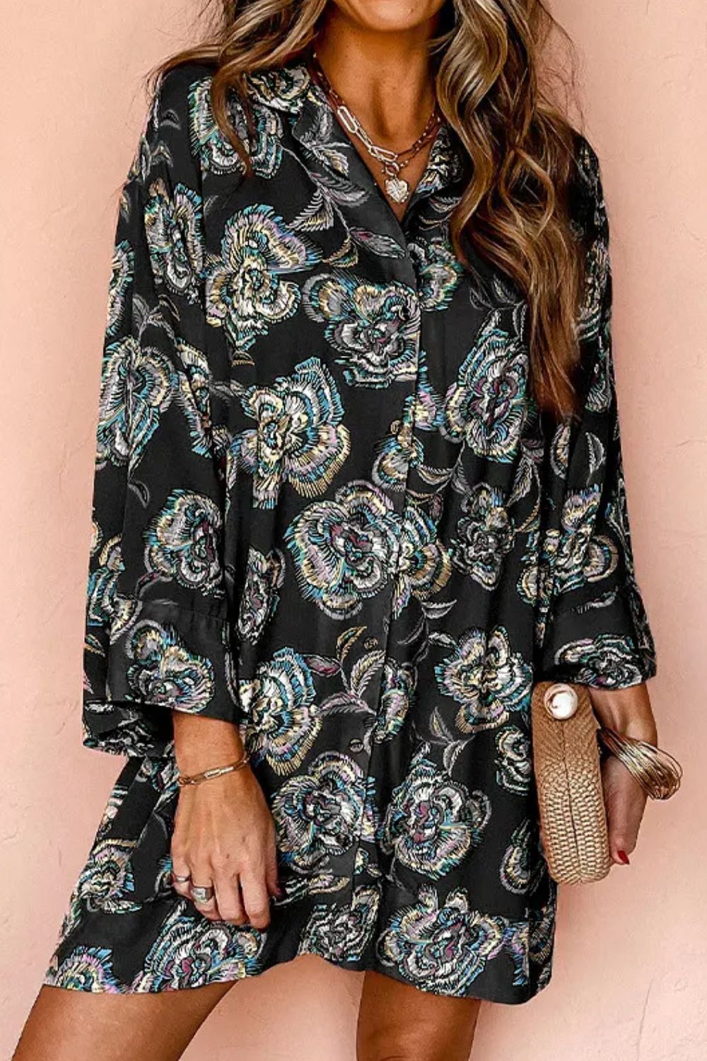 Printed Button Up Three-Quarter Sleeve Shirt Dress - Charming Charlie